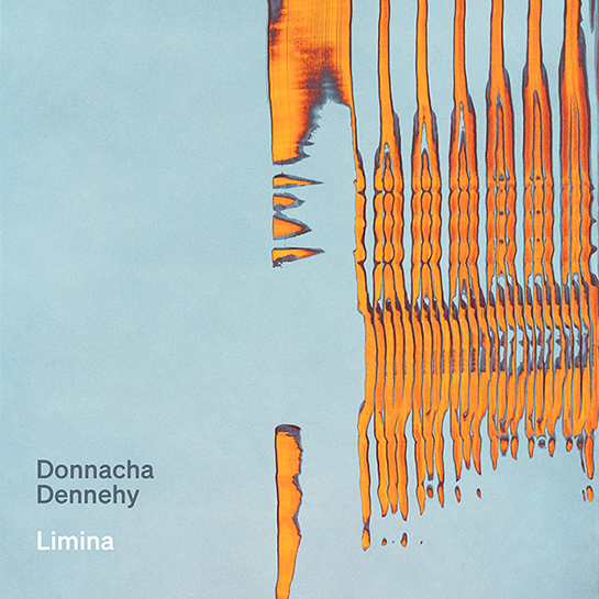 Album cover for Limina by Donnacha Dennehy: vertical streaks of vivid orange ink against a pale blue field. Cover image by Tauba Auerbach.
